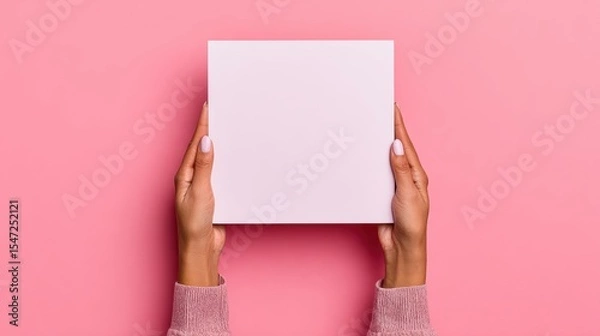 Obraz Hands holding a blank white square card against a pink background, with a soft, casual vibe.