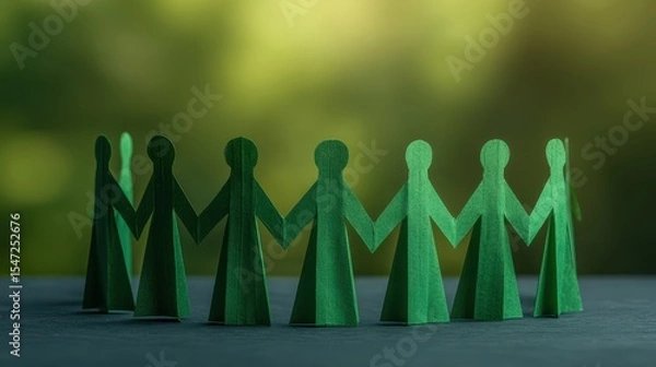 Obraz Green wooden figures holding hands in a circle symbolize unity, teamwork, and community against a blurred nature background.