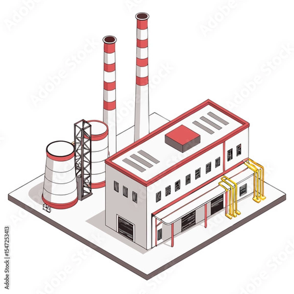 Obraz vector of a manufacturing facility with chimneys, conveyors, and control rooms, clean isometric style, white background
