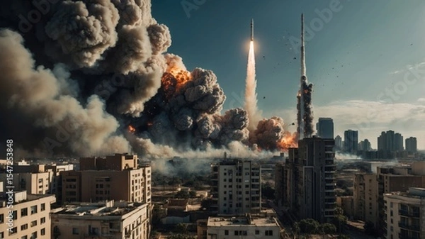 Obraz Missiles launch from city amidst explosions, smoke and flames