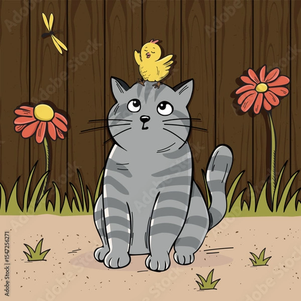 Fototapeta yellow chick on head of gray cat vector. cat and chick vector sketch
