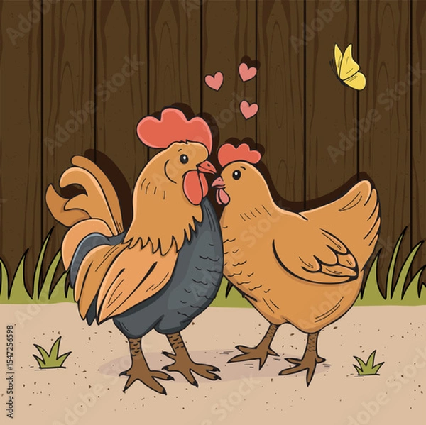 Fototapeta rooster and hen in the tich yard vector sketch illustration. hens in love walking in the yard vector