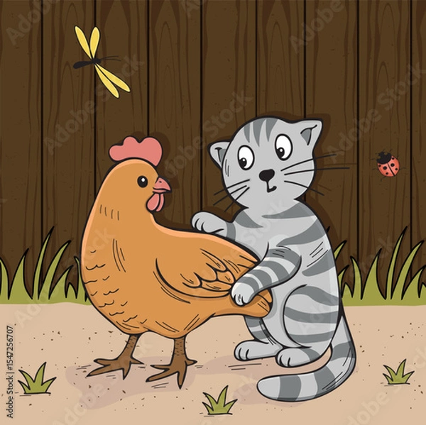 Fototapeta chicken and cat playing in the yard vector