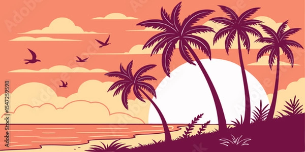 Obraz Flat Vector Sunset Beach Scene Minimal Tropical Illustration with Purple Palms, Orange Ocean, and Coral