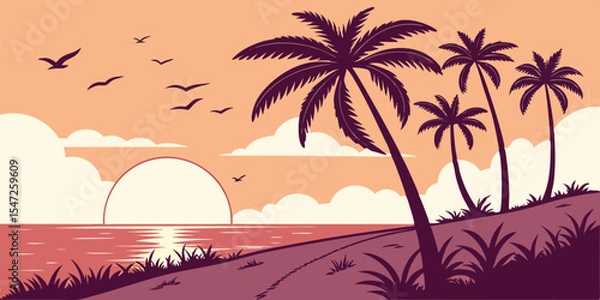 Obraz Flat Vector Sunset Beach Scene Minimal Tropical Art with Purple Palms, Orange Ocean, and Coral Gradient Sky