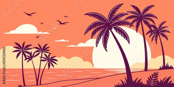 Obraz Flat Vector Sunset Beach Scene Minimal Tropical Artwork with Purple Palms, Orange Ocean, and Coral Gradient Sky