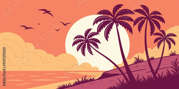 Obraz Flat Vector Sunset Beach Scene Minimal Tropical Design with Purple Palms, Orange Ocean, and Vibrant