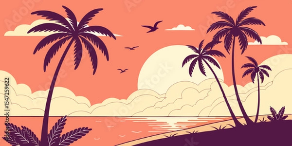 Obraz Flat Vector Sunset Beach Scene Minimal Tropical Landscape with Purple Palms, Orange Ocean, and Coral Gradient Sky