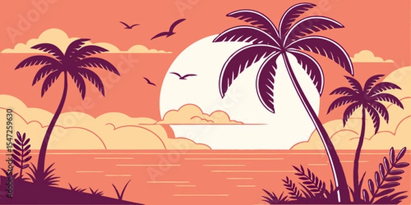 Obraz Flat Vector Sunset Beach Scene Minimal Tropical Design with Purple Palms and Vibrant Coral Gradient Sky