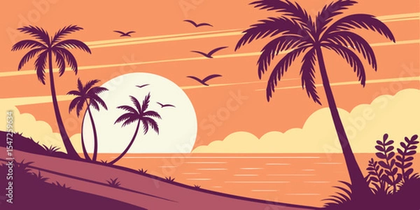 Obraz Flat Vector Sunset Beach Scene Minimal Tropical Art with Purple Palms and Vibrant Coral Gradient Sky