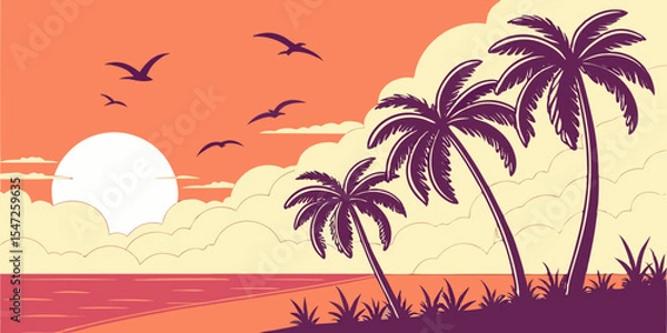 Obraz Flat Vector Sunset Beach Scene Minimal Tropical Illustration with Purple Palms and Vibrant Gradient Sky