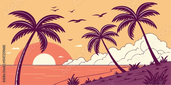 Obraz Flat Vector Sunset Beach Scene Minimal Tropical Illustration with Purple Palms and Vibrant Coral Sky