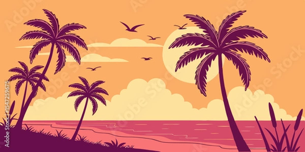 Obraz Flat Vector Sunset Beach Scene Minimal Tropical Illustration with Purple Palms and Vibrant Orange-Coral Sky