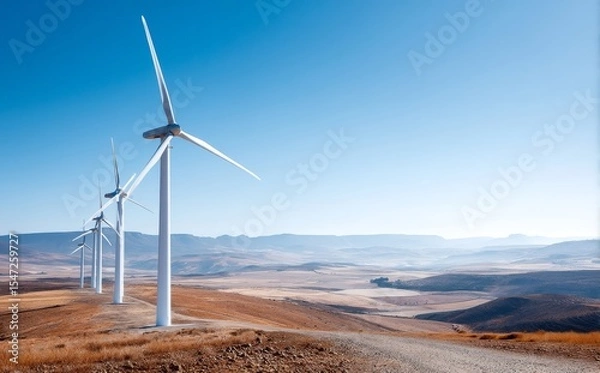 Fototapeta Tall wind turbines rise against a clear sky, producing clean energy within a vast and open landscape as a renewable power source in rural settings that promote a sustainable future
