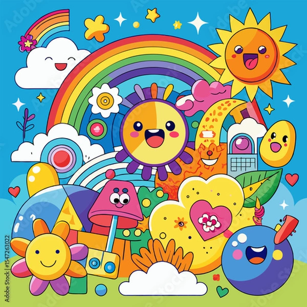 Obraz colorful, vibrant, cartoon, whimsical, sun, rainbow, clouds, musical notes, flowers, smiling faces, playful, happy, cheerful, energetic, fun, quirky, imaginative, cartoon style, digital art

