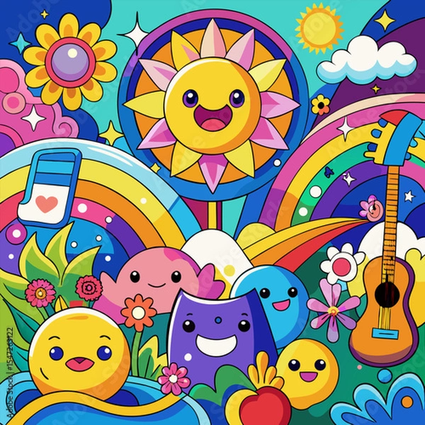 Obraz colorful, vibrant, cartoon, whimsical, sun, rainbow, clouds, musical notes, flowers, smiling faces, playful, happy, cheerful, energetic, fun, quirky, imaginative, cartoon style, digital art
