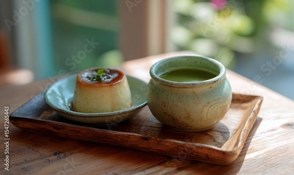 Obraz Local tofu pudding cake platter and a ceramic pot of green tea on a rustic wooden tray. Generative AI