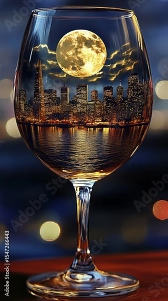 Fototapeta Wine glass with a miniature image of the city of San Francisco illuminated by moonlight. 