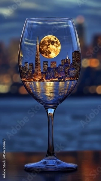 Fototapeta Wine glass with a miniature image of the city of San Francisco illuminated by moonlight. 