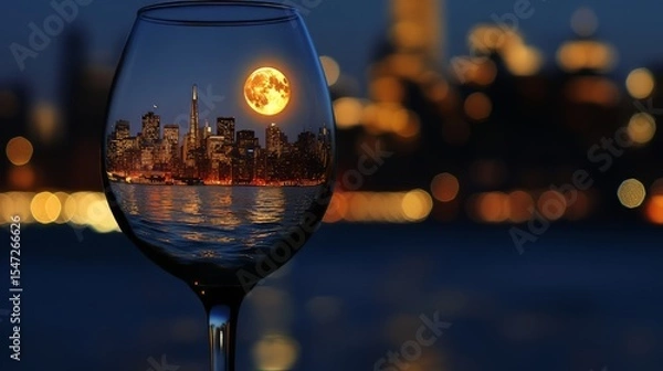 Fototapeta Wine glass with a miniature image of the city of San Francisco illuminated by moonlight. 
