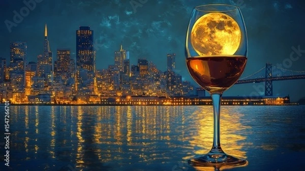 Fototapeta Wine glass with a miniature image of the city of San Francisco illuminated by moonlight. 