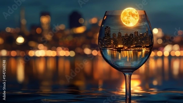 Fototapeta Wine glass with a miniature image of the city of San Francisco illuminated by moonlight. 