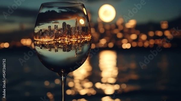 Fototapeta Wine glass with a miniature image of the city of San Francisco illuminated by moonlight. 