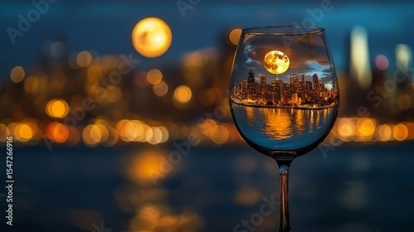 Fototapeta Wine glass with a miniature image of the city of San Francisco illuminated by moonlight. 