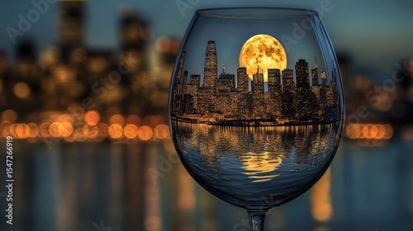 Fototapeta Wine glass with a miniature image of the city of San Francisco illuminated by moonlight. 