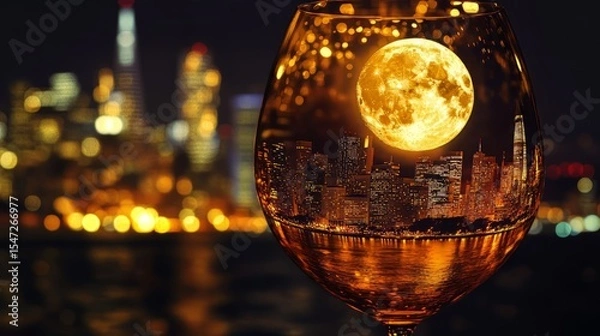 Fototapeta Wine glass with a miniature image of the city of San Francisco illuminated by moonlight. 