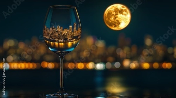 Fototapeta Wine glass with a miniature image of the city of San Francisco illuminated by moonlight. 