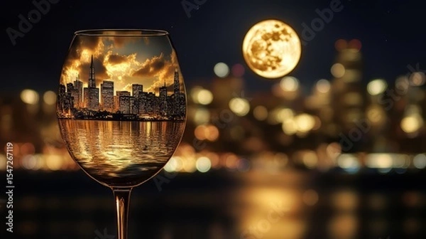 Fototapeta Wine glass with a miniature image of the city of San Francisco illuminated by moonlight. 