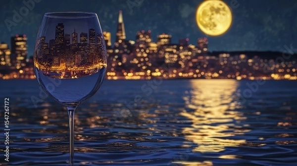 Fototapeta Wine glass with a miniature image of the city of San Francisco illuminated by moonlight. 