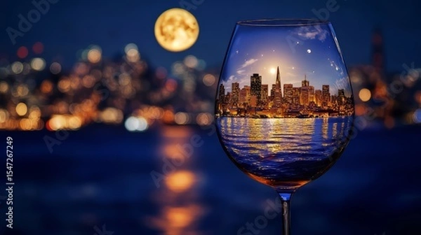Fototapeta Wine glass with a miniature image of the city of San Francisco illuminated by moonlight. 
