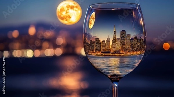 Fototapeta Wine glass with a miniature image of the city of San Francisco illuminated by moonlight. 