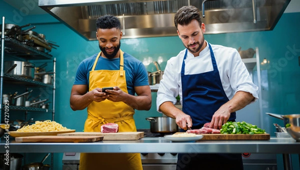 Fototapeta Professional chefs cooking together in modern commercial kitchen while blogger streaming cooking lesson content to social network blog for restaurant service