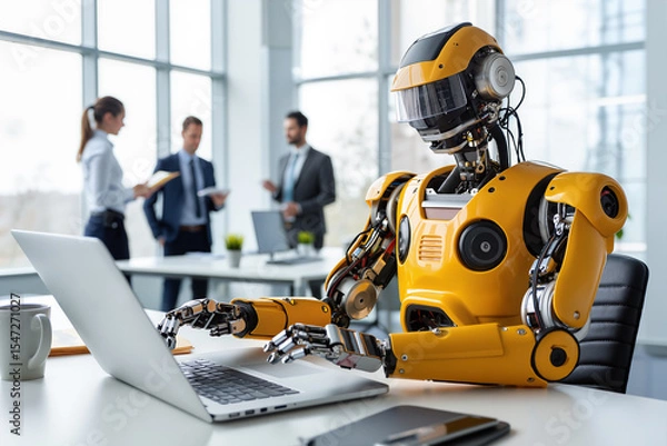 Fototapeta Humanoid Robot Working on Laptop Computer in Modern Office with Business People in Background Artificial Intelligence Technology