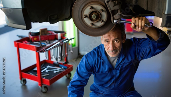 Fototapeta Professional Auto Mechanic Working on Car Brake System Repair in Modern Garage Workshop Service Center