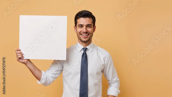 Fototapeta Smiling Young Professional Businessman Holding Blank White Sign Board for Custom Message on Orange Background in retro style