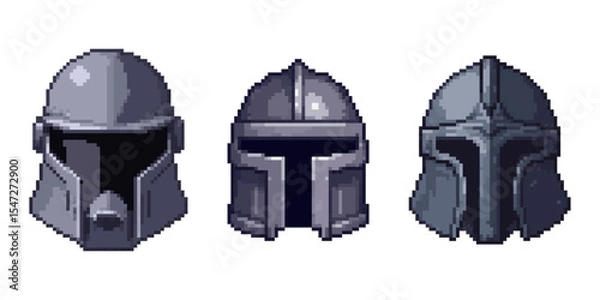 Fototapeta Pixel Art SciFi Helmets Collection, Futuristic Armor Icons. striking collection of three distinct pixel art helmets, meticulously rendered in a classic retro video game style