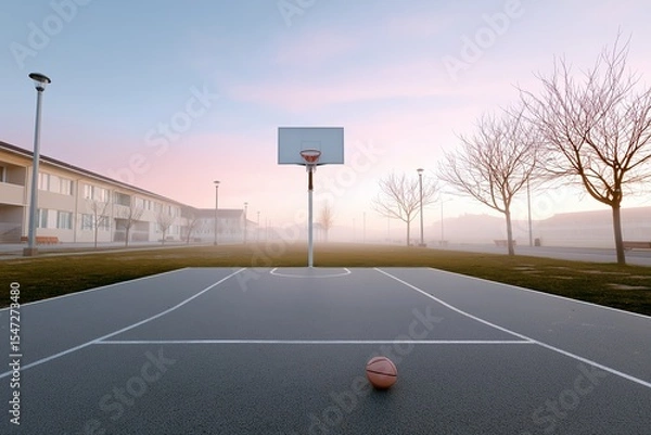 Obraz Empty outdoor basketball court at dawn with foggy atmosphere and lone ball