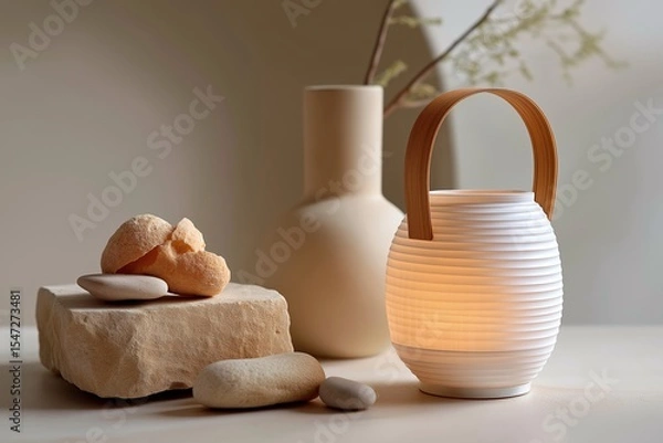 Obraz Elegant minimalist decor with lantern and natural elements in soft lighting