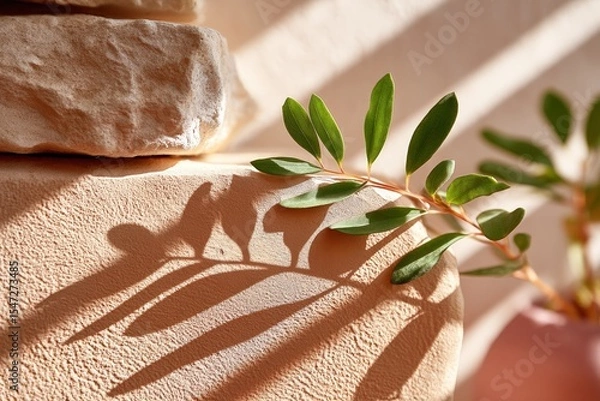 Obraz Sunlit foliage casting shadows on textured surface with natural stones