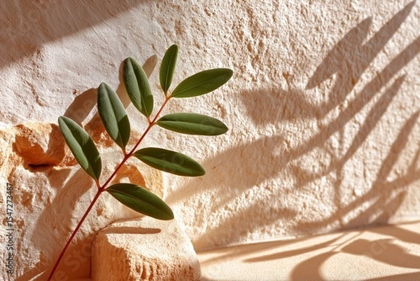 Obraz Sunlit green leaves casting shadows on textured stone wall