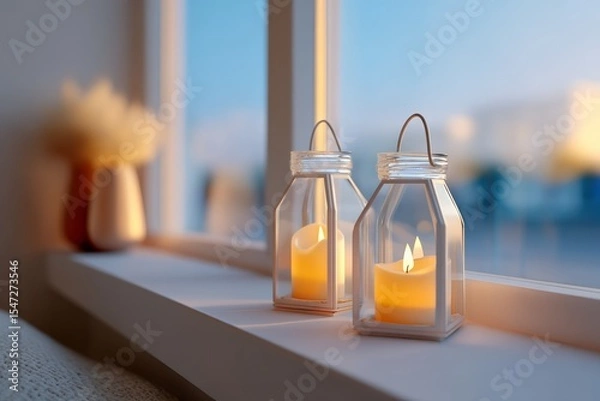 Obraz Cozy candlelit scene with glass lanterns on windowsill at sunset