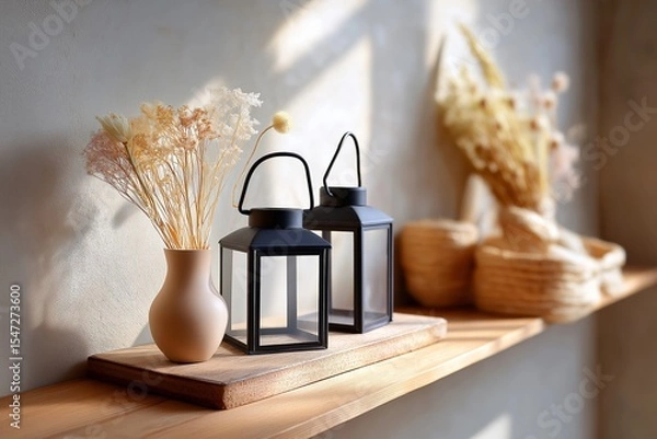 Obraz Sunlit shelf with black lanterns and dried floral arrangements in a cozy space