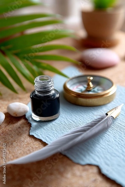 Obraz Vintage ink bottle with feather quill and compass on textured blue paper