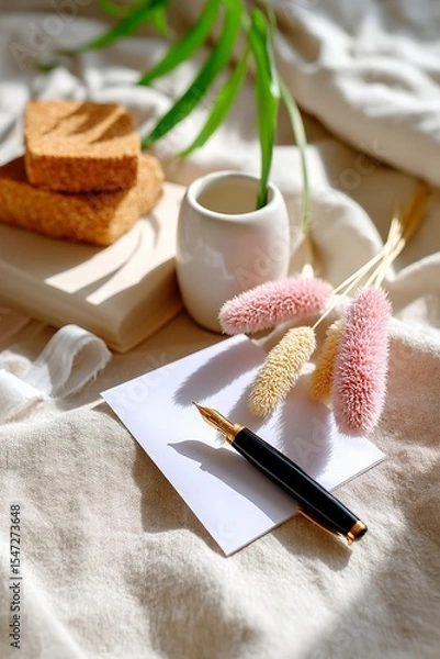 Obraz Elegant workspace with fountain pen, envelopes, and natural decorations on linen fabric