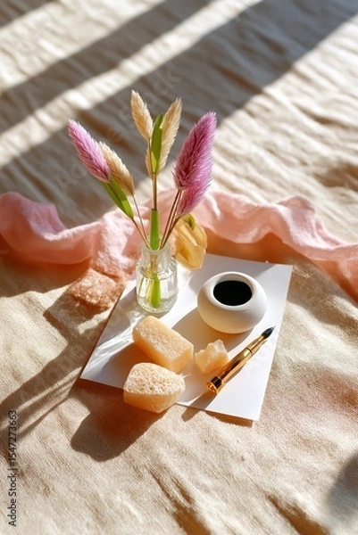 Obraz Cozy home workspace with vase, pampas grass, ink pot, pen, and natural sponges in sunlight