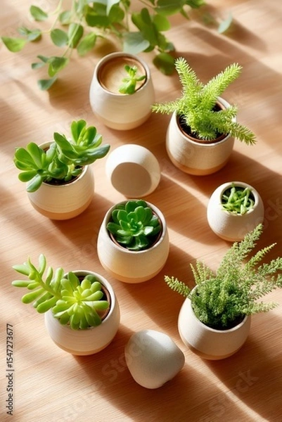 Obraz Variety of succulent plants in ceramic pots arranged on wooden surface with soft light